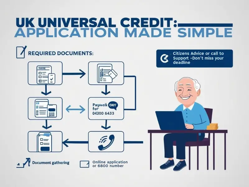 Step-by-step infographic explaining how to apply for Universal Credit, including required documents and support options.