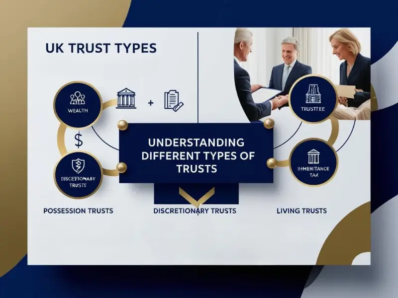 Infographic explaining different types of trusts, including Interest in Possession, Discretionary, and Living Trusts, for UK estate planning.