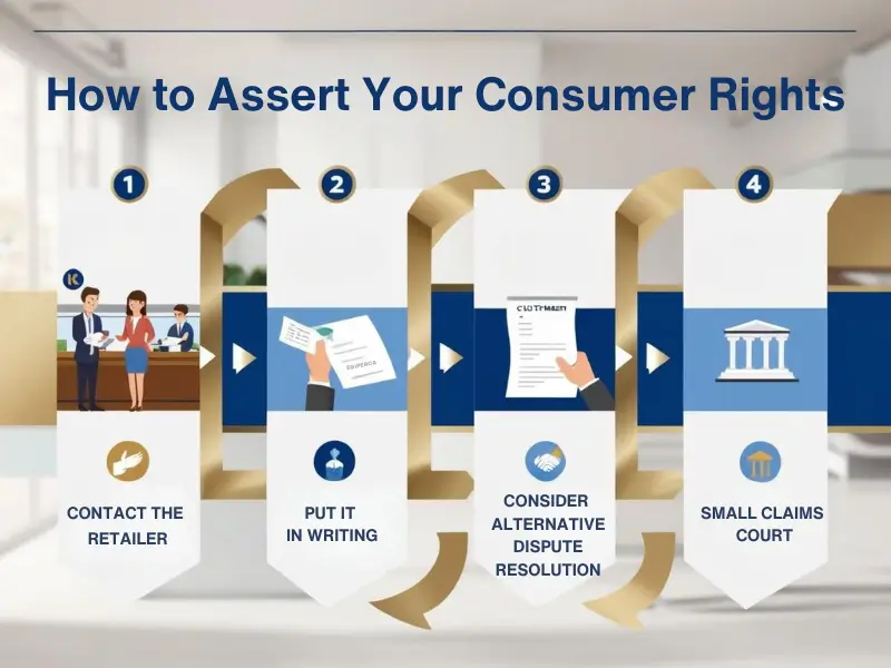 Infographic explaining the steps to assert consumer rights in the UK. Includes icons and text for contacting the retailer, writing a complaint, using ADR, and taking legal action in Small Claims Court.