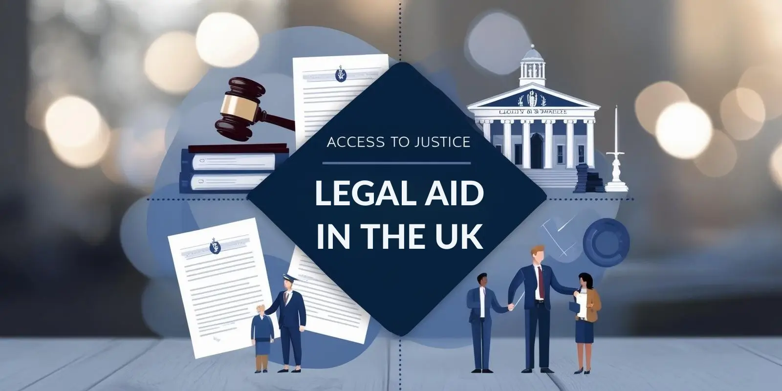 Legal aid in the UK - gavel, courthouse, and legal documents representing justice and accessibility.