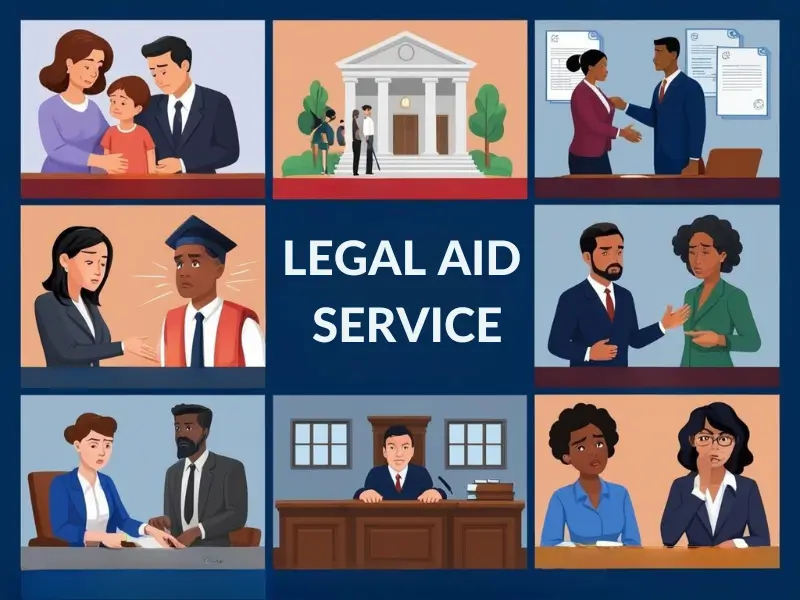 Illustration of various legal issues covered by legal aid, including family disputes, eviction, asylum claims, criminal defence, and discrimination cases.