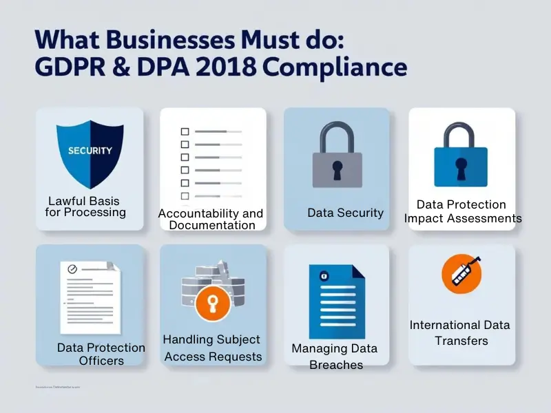 Key GDPR & DPA 2018 compliance obligations for businesses, including security, accountability, and data protection measures.