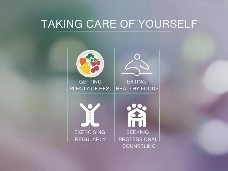 Self-care tips for crime victims, including rest, nutrition, exercise, emotional support, and seeking help.