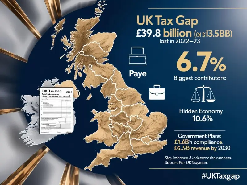 UK tax gap analysis 2022-2023 – Breakdown of £39.8 billion lost in uncollected taxes including Self-Assessment, PAYE, and Hidden Economy.