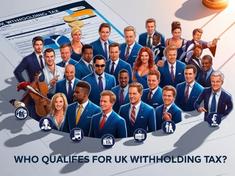 Illustration of foreign performers subject to UK withholding tax, including musicians, athletes, actors, and TV hosts.