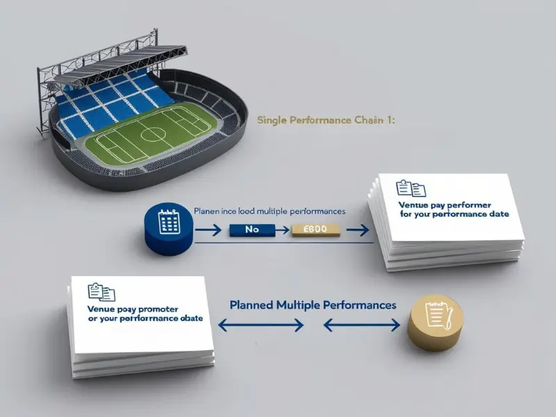 Diagram showing how UK withholding tax applies to foreign performers in different payment scenarios, including single and multiple performances and payment chains.