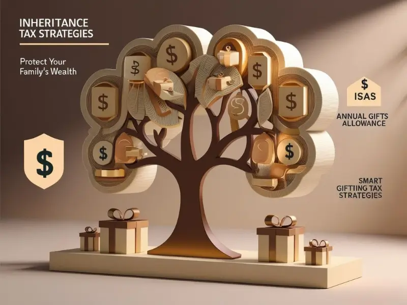 Illustration of inheritance tax strategies featuring a family tree, money symbols, gift boxes, and pension icons to represent wealth protection.