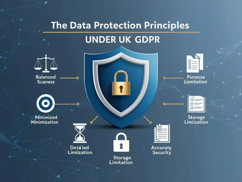 7 key data protection principles under UK GDPR with icons for security, fairness, accuracy, and more.