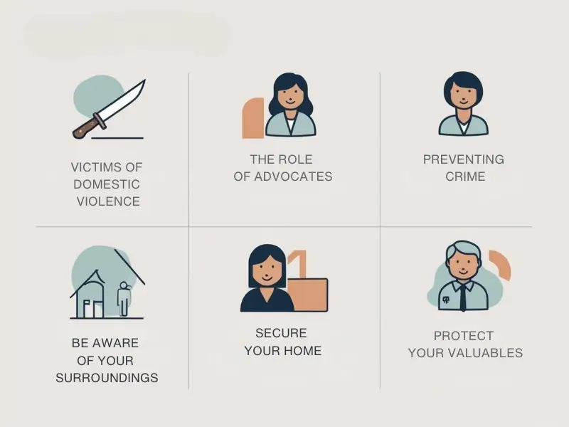 Different types of crime, victim support services, and crime prevention tips, including knife crime, domestic violence, and personal safety measures.