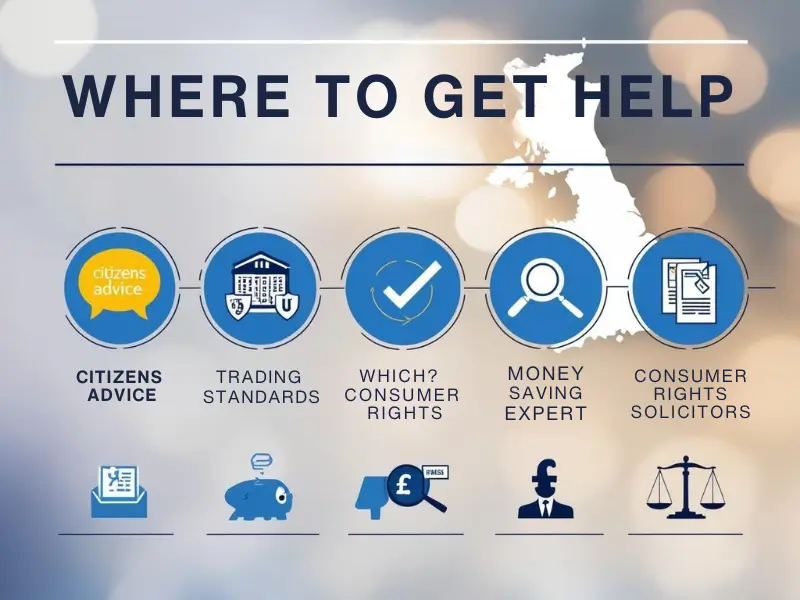 Key resources for UK consumer rights assistance, including Citizens Advice, Trading Standards, Which?, MoneySavingExpert, and Consumer Rights Solicitors, with icons representing each service.
