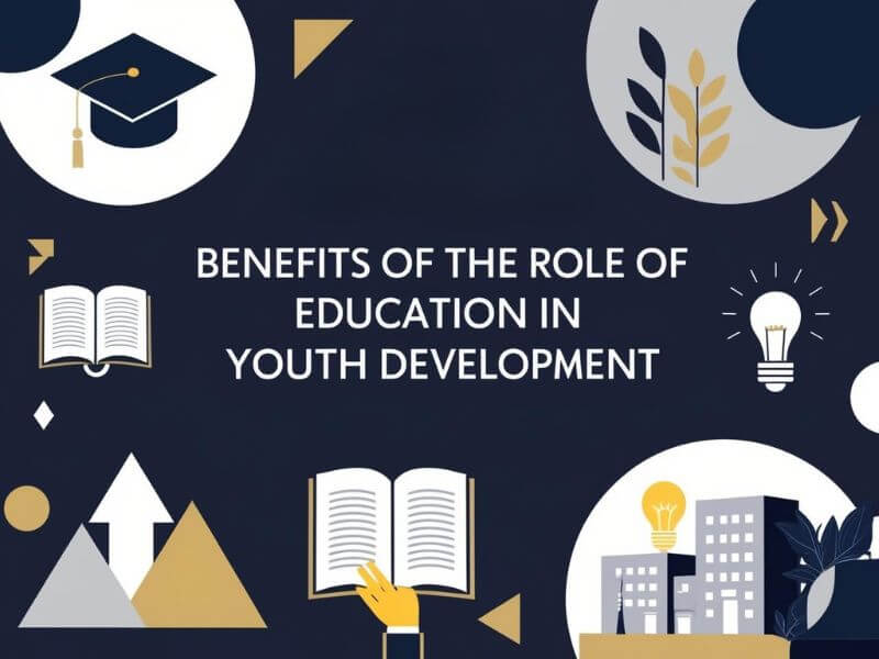 Icons representing the benefits of education in youth development, including graduation caps, growing plants, and lightbulb symbols.  
