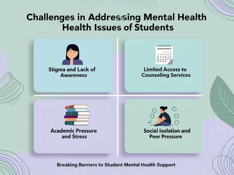 Key challenges in addressing student mental health issues, including stigma, limited counseling access, academic pressure, and social isolation.
