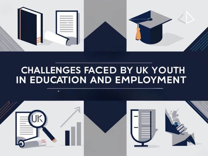 Modern graphic of UK youth challenges in education and employment with books, universities, and job search icons.