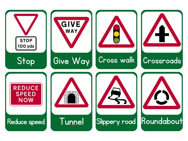 UK warning road signs, including sharp bend, slippery road, and pedestrian crossing symbols.
