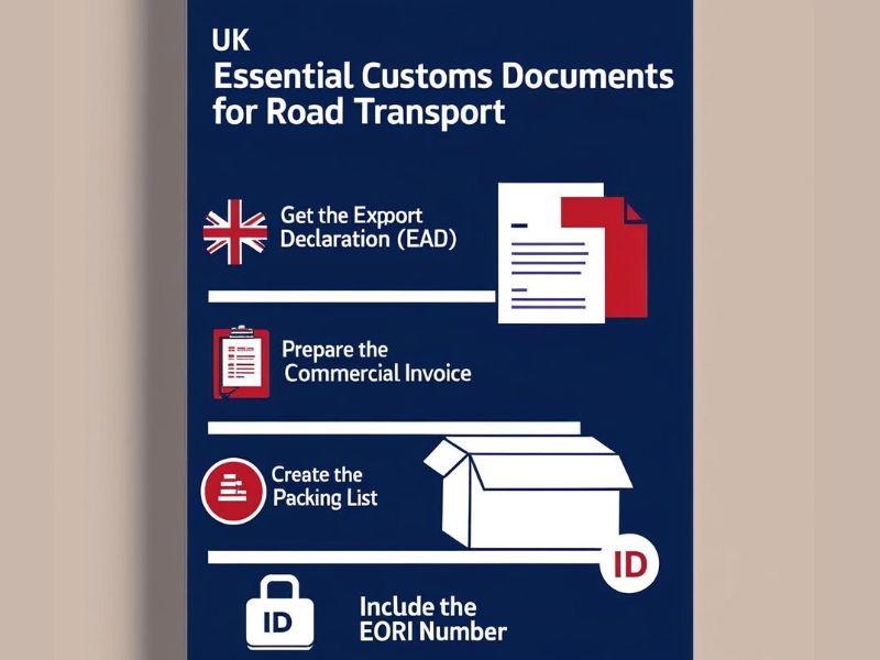 Customs officer inspecting road transport documents for a vehicle leaving the UK.