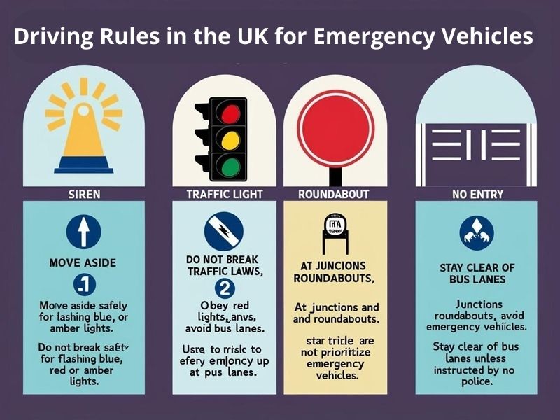 UK emergency vehicle with flashing lights, symbolizing driving rules for giving way.