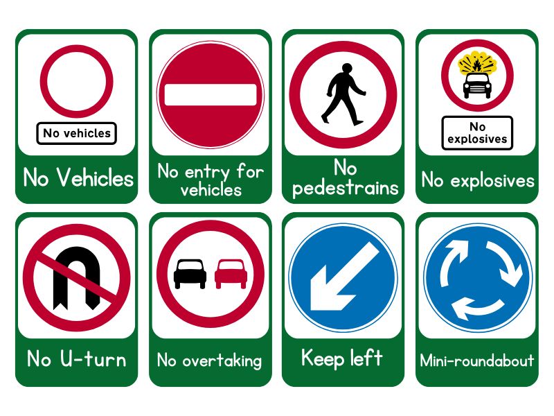 UK regulatory road signs, including speed limits, no-entry, and parking restriction symbols.