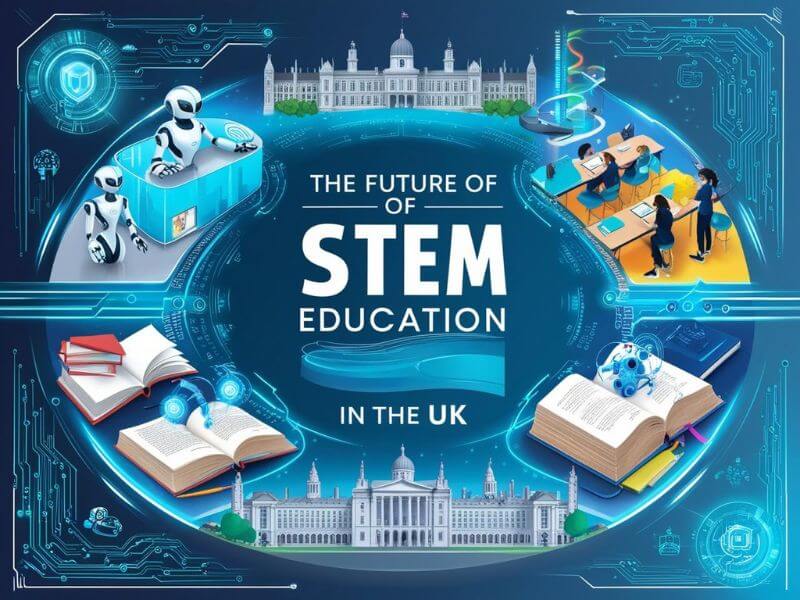 Futuristic representation of STEM education in the UK, featuring AI, robotics, and digital innovation.