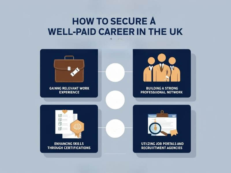 "Infographic highlighting key strategies to secure a well-paid career in the UK, including gaining experience, networking, certifications, and job portals."

