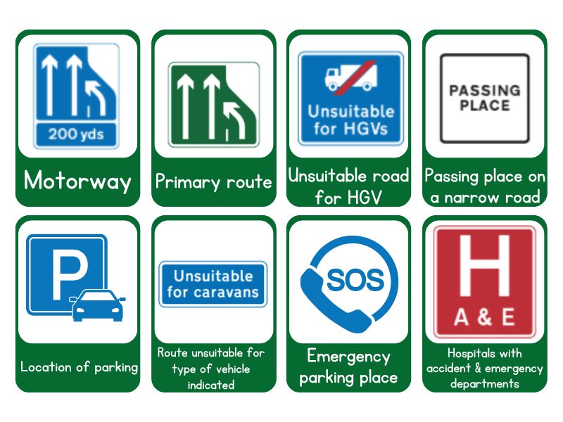 UK informational road signs, including directions, road names, and service symbols.