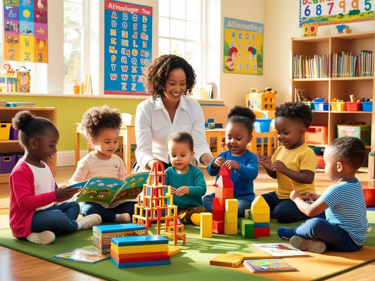 A vibrant preschool classroom with young children engaged in playful learning activities, guided by a caring teacher in a warm and educational environment.