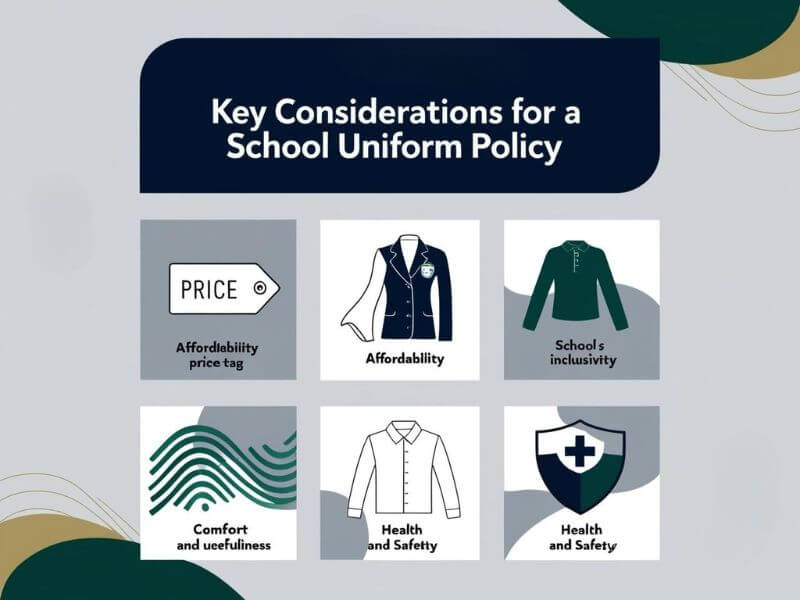**Image Name:** key-considerations-school-uniform-policy.png  

**Image Alt Text:** Modern graphic illustrating key considerations for a school uniform policy, including affordability, inclusivity, comfort, and health & safety.  

**Image Title:** Key Considerations for a School Uniform Policy  

**Image Caption:** A modern visual representation of important factors in a school uniform policy—affordability, inclusivity, comfort, and health & safety.  

**Image Description:** A professional and minimalist graphic highlighting key considerations for a school uniform policy. The design features affordability (price tag), inclusivity (gender-neutral uniform), comfort (fabric texture), and health & safety (shield icon). The image incorporates navy blue, white, and grey tones with subtle green and gold accents for a structured and polished look.  
