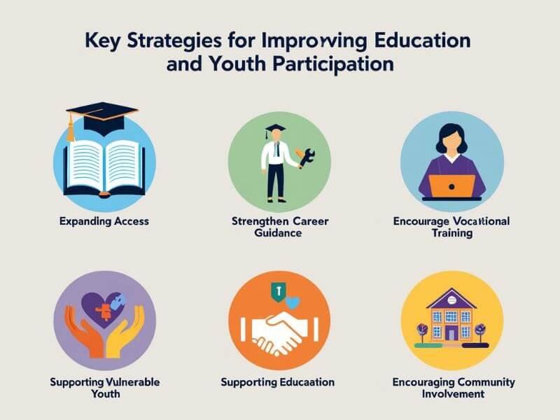 Infographic showing key strategies to improve education and youth participation with icons for education access, career guidance, vocational training, vulnerable youth support, and community involvement.

