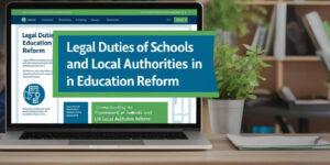 Infographic illustrating the legal duties of schools and local authorities in UK education reform, featuring governance and compliance icons.