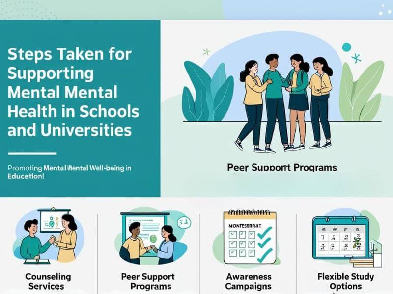 Steps taken to support mental health in schools and universities, including counseling services, peer support programs, awareness campaigns, and flexible study options.