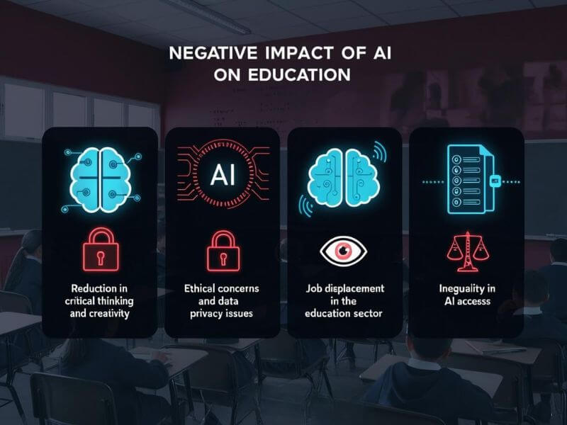 An infographic illustrating AI's negative effects on education, including reduced creativity, data privacy concerns, job displacement, and inequality in access.