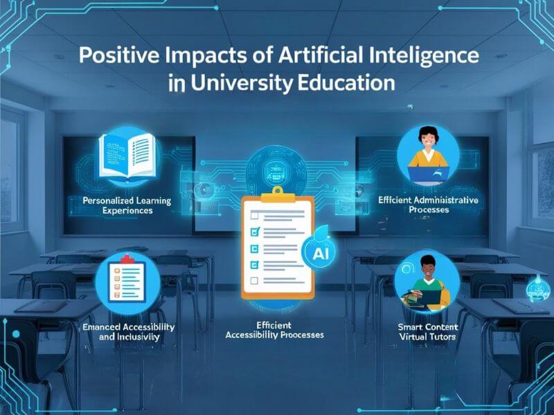 AI transforming university education with personalized learning, smart content, virtual tutors, accessibility, and efficient administration.