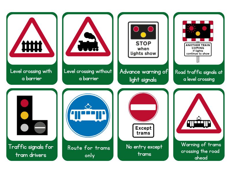 UK road signs for railway crossings, including level crossing and train warning symbols.