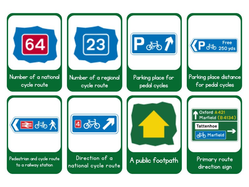 UK cyclist road signs, including cycle lanes, shared paths, and cyclist crossings.