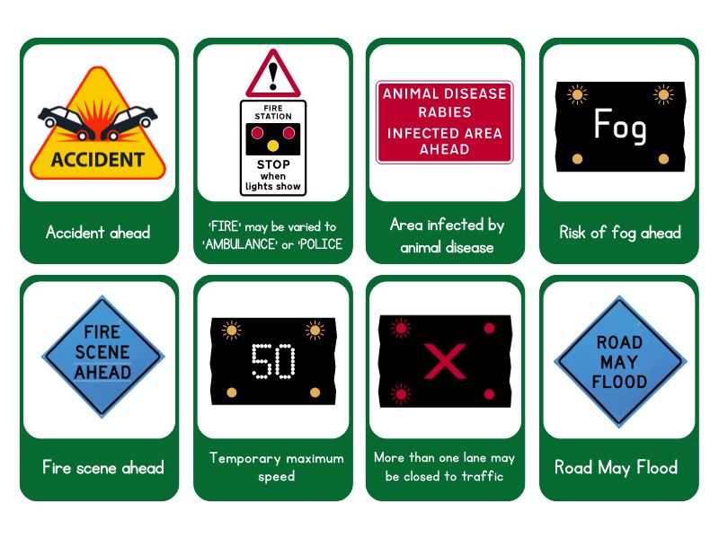 UK emergency road signs, including accident warnings, evacuation routes, and emergency access.