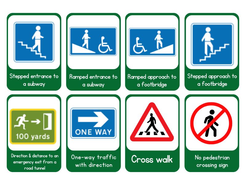UK pedestrian road signs, including crossings, footpaths, and pedestrian zones.