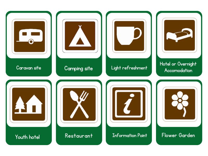 UK tourist information and service road signs, including symbols for attractions, hotels, and rest areas.

