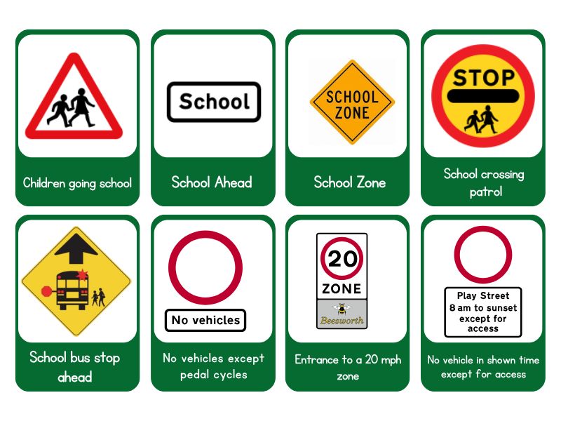 UK road signs for school zones and child safety, including school crossing and speed limit symbols.