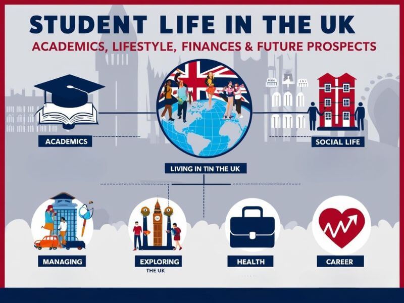 Infographic on Student Life in the UK, covering academics, social life, finances, health, and career prospects with large, bold icons.


