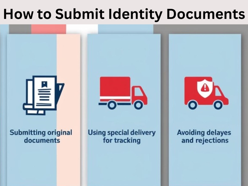 Person holding identity documents and a UK driving licence application form.