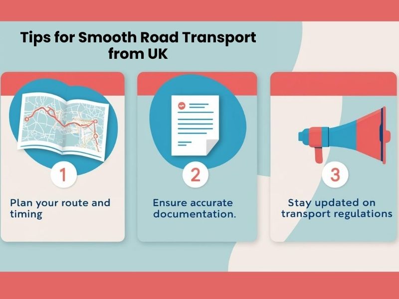 Vehicle on a UK road with travel tips icons, symbolizing smooth road transport preparation.