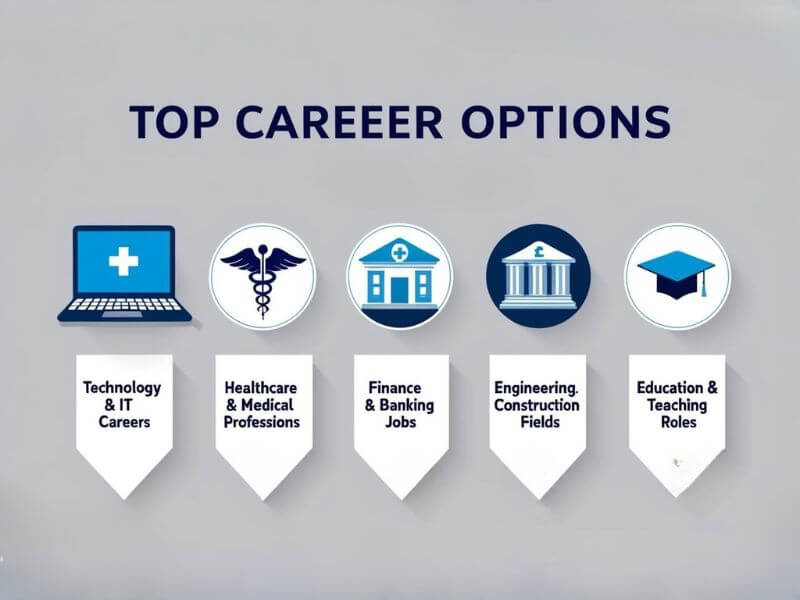 "Infographic showcasing the top career options in the UK, including Technology, Healthcare, Finance, Engineering, and Education with relevant icons."

