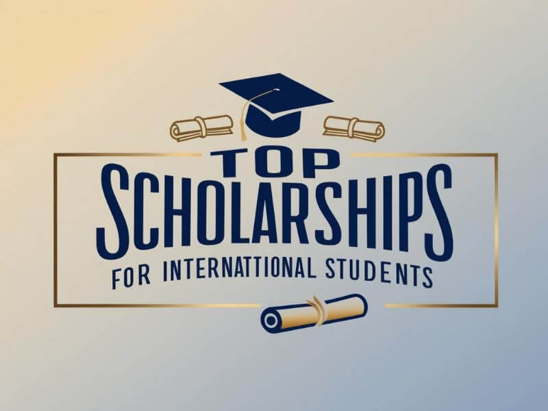 Top Scholarships for International Students with a world map and education icons.