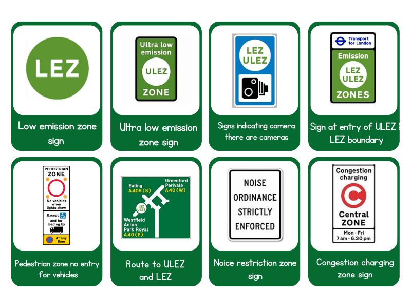 UK road signs for environmental zones, including low-emission and clean air zone symbols.