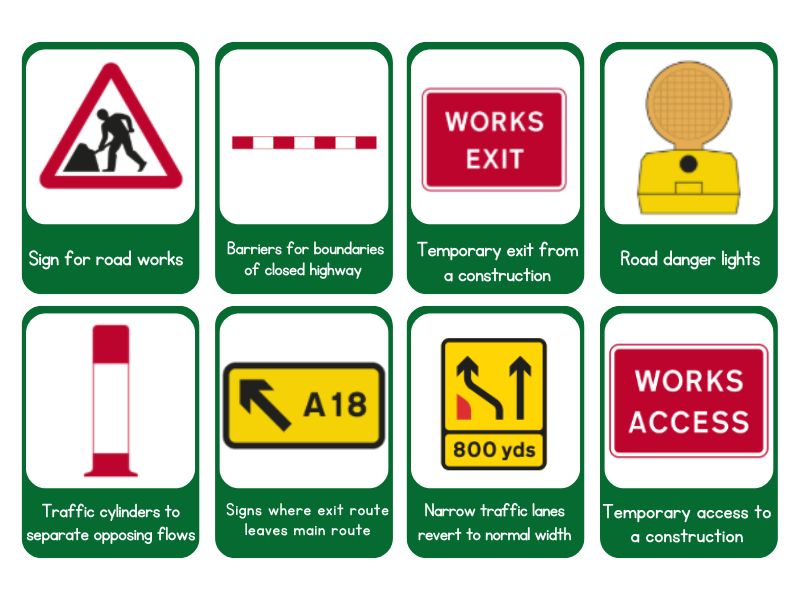 UK roadworks and temporary condition signs, including detours, lane closures, and warnings.

