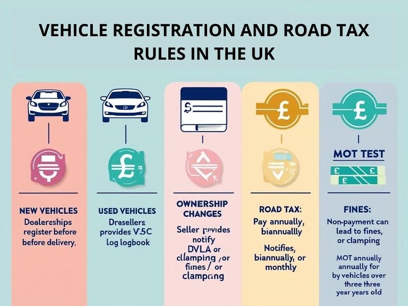 UK vehicle registration plate with road tax documents, symbolizing registration and tax rules.