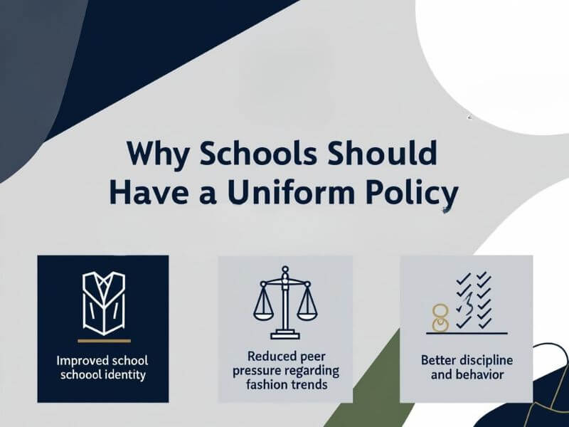 Modern graphic representing the benefits of a school uniform policy, including improved school identity, reduced peer pressure, and better discipline.  