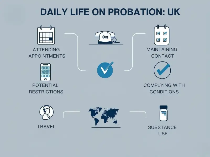 Explaining daily life on probation in the UK, including appointments, restrictions, and compliance requirements.