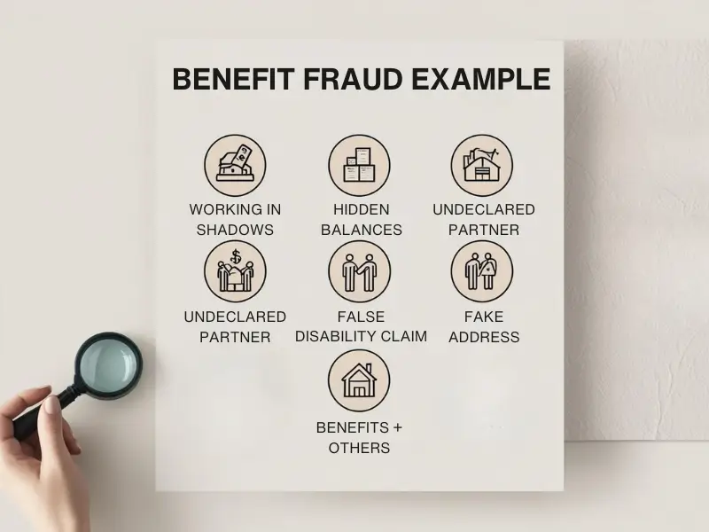 Common UK benefit fraud types such as undeclared work, savings, and false claims