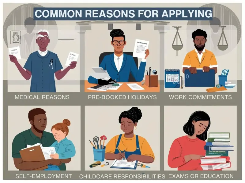 Showing medical, travel, work, childcare and education reasons for UK jury service deferral.