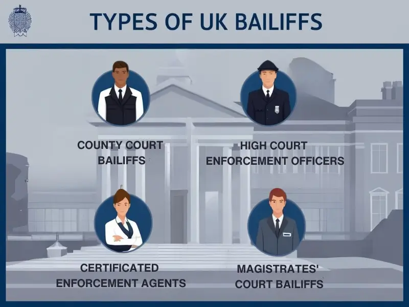 Explaining different types of bailiffs in the UK, including County Court Bailiffs, HCEOs, and Certificated Agents.